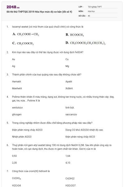 Đề thi thử THPTQG 2019 Hóa Học mức độ cơ bản (đề số 4)