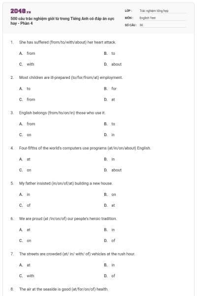 500 câu trắc nghiệm giới từ trong Tiếng Anh có đáp án cực hay - Phần 4
