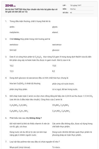 Đề thi thử THPTQG Hóa Học chuẩn cấu trúc bộ giáo dục có lời giải chi tiết (Đề số 12)