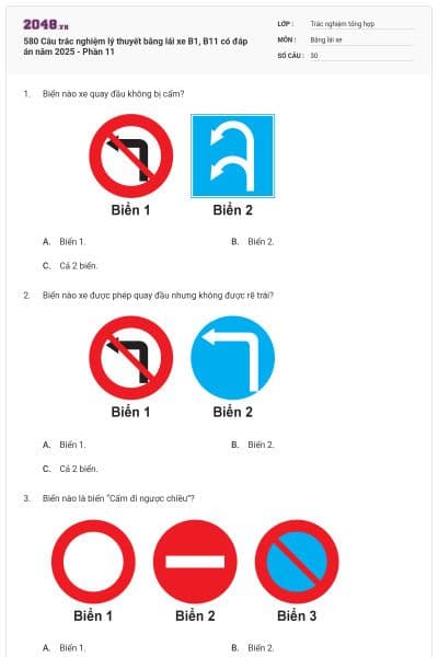 580 Câu trắc nghiệm lý thuyết bằng lái xe B1, B11 có đáp án năm 2025 - Phần 11
