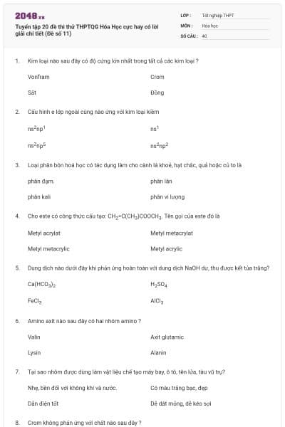 Tuyển tập 20 đề thi thử THPTQG Hóa Học cực hay có lời giải chi tiết (Đề số 11)