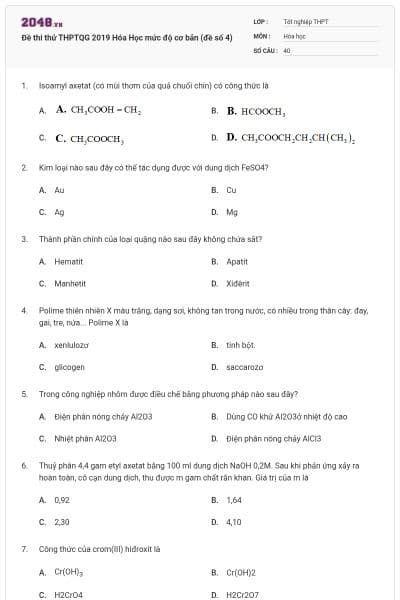 Đề thi thử THPTQG 2019 Hóa Học mức độ cơ bản (đề số 4)