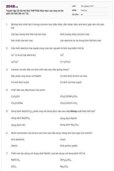 Tuyển tập 20 đề thi thử THPTQG Hóa Học cực hay có lời giải chi tiết (Đề số 12)