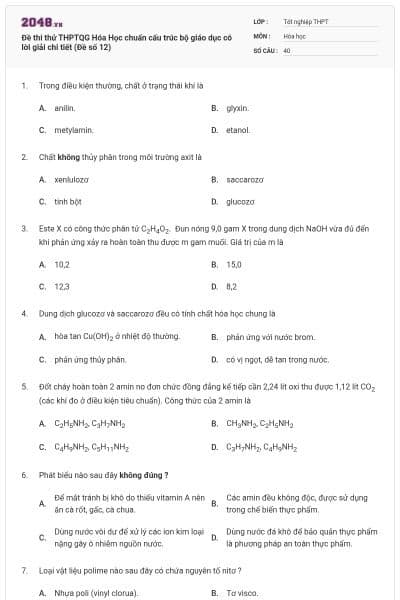 Đề thi thử THPTQG Hóa Học chuẩn cấu trúc bộ giáo dục có lời giải chi tiết (Đề số 12)