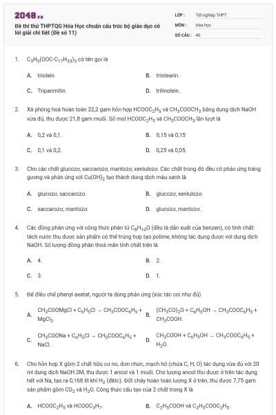 Đề thi thử THPTQG Hóa Học chuẩn cấu trúc bộ giáo dục có lời giải chi tiết (Đề số 11)