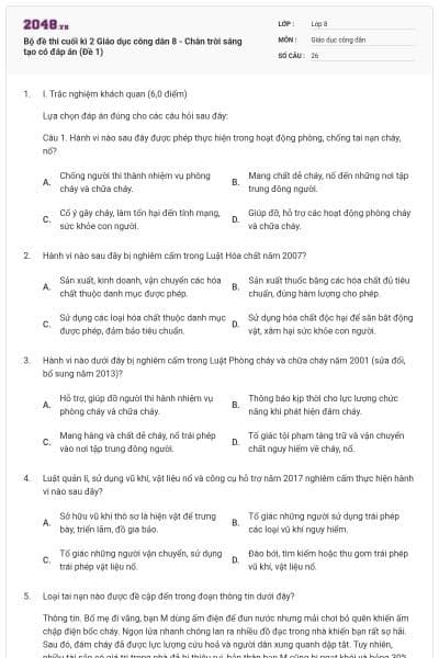 Bộ đề thi cuối kì 2 Giáo dục công dân 8 - Chân trời sáng tạo có đáp án (Đề 1)