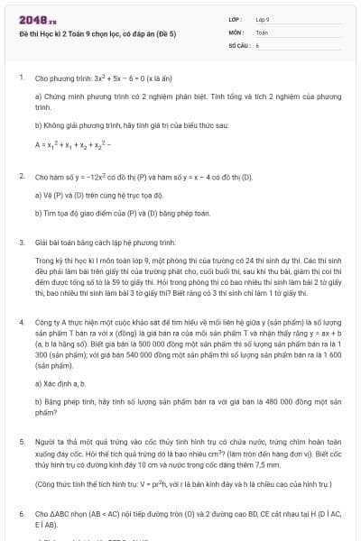 Đề thi Học kì 2 Toán 9 chọn lọc, có đáp án (Đề 5)