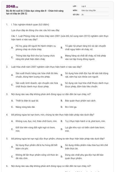 Bộ đề thi cuối kì 2 Giáo dục công dân 8 - Chân trời sáng tạo có đáp án (Đề 2)