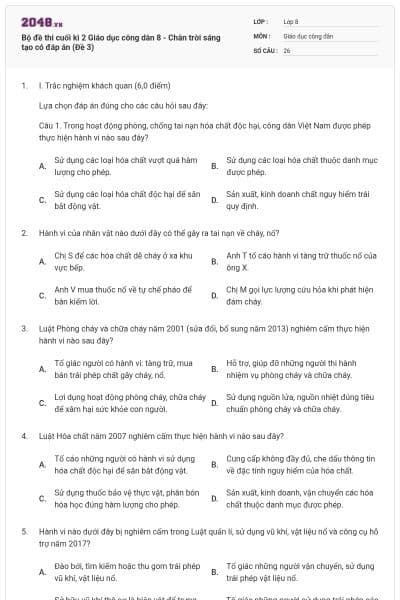 Bộ đề thi cuối kì 2 Giáo dục công dân 8 - Chân trời sáng tạo có đáp án (Đề 3)