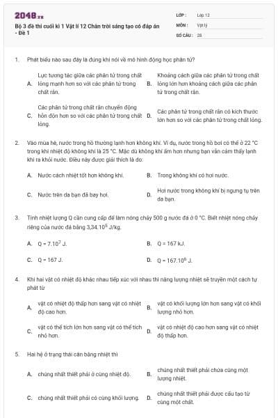 Bộ 3 đề thi cuối kì 1 Vật lí 12 Chân trời sáng tạo có đáp án - Đề 1