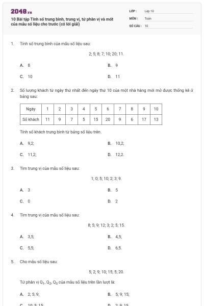 10 Bài tập Tính số trung bình, trung vị, tứ phân vị và mốt của mẫu số liệu cho trước (có lời giải)