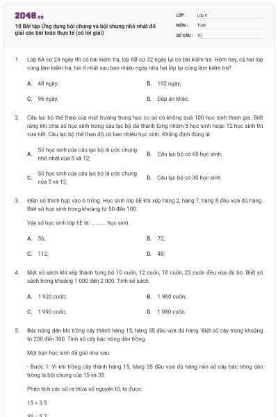10 Bài tập Ứng dụng bội chung và bội chung nhỏ nhất để giải các bài toán thực tế (có lời giải)