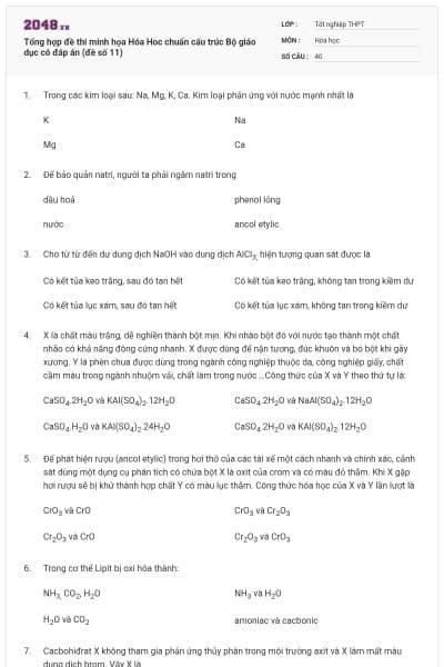 Tổng hợp đề thi minh họa Hóa Hoc chuẩn cấu trúc Bộ giáo dục có đáp án (đề số 11)