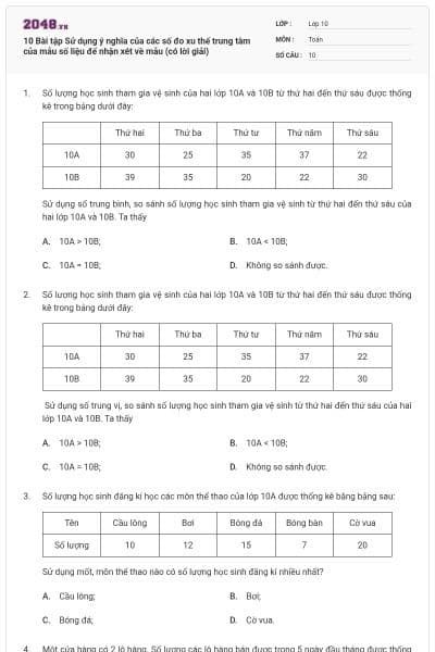 10 Bài tập Sử dụng ý nghĩa của các số đo xu thế trung tâm của mẫu số liệu để nhận xét về mẫu (có lời giải)