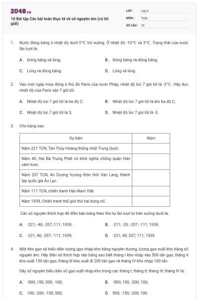 10 Bài tập Các bài toán thực tế về số nguyên âm (có lời giải)