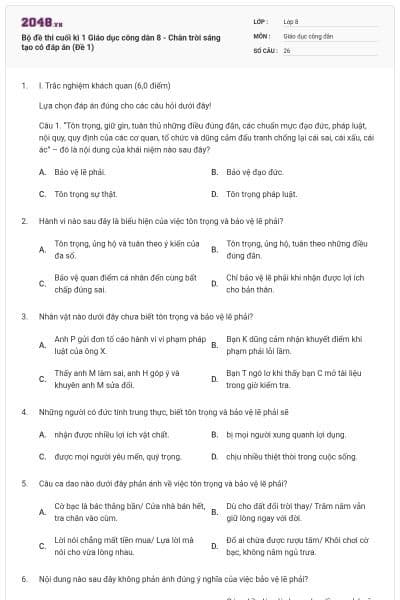 Bộ đề thi cuối kì 1 Giáo dục công dân 8 - Chân trời sáng tạo có đáp án (Đề 1)