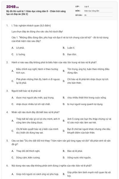 Bộ đề thi cuối kì 1 Giáo dục công dân 8 - Chân trời sáng tạo có đáp án (Đề 2)