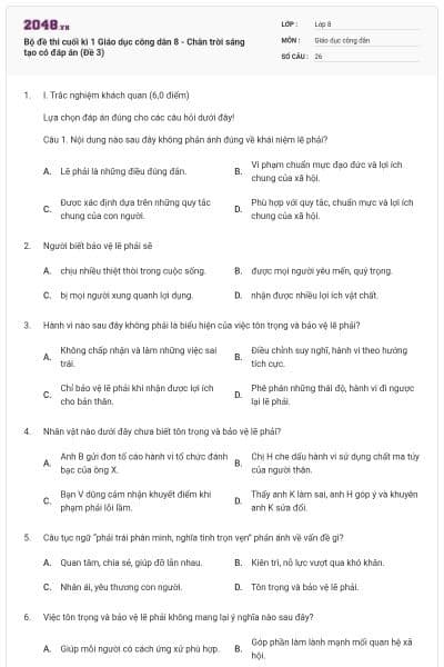 Bộ đề thi cuối kì 1 Giáo dục công dân 8 - Chân trời sáng tạo có đáp án (Đề 3)