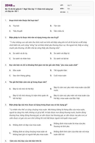 Bộ 15 đề thi giữa kì 1 Ngữ Văn lớp 11 Chân trời sáng tạo có đáp án- Đề 1