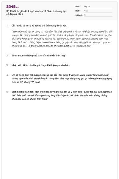 Bộ 15 đề thi giữa kì 1 Ngữ Văn lớp 11 Chân trời sáng tạo có đáp án- Đề 2
