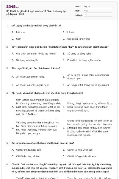 Bộ 15 đề thi giữa kì 1 Ngữ Văn lớp 11 Chân trời sáng tạo có đáp án - Đề 3