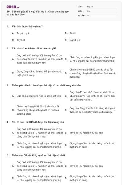 Bộ 15 đề thi giữa kì 1 Ngữ Văn lớp 11 Chân trời sáng tạo có đáp án - Đề 4