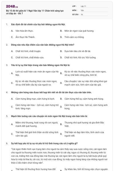 Bộ 15 đề thi giữa kì 1 Ngữ Văn lớp 11 Chân trời sáng tạo có đáp án - Đề 7