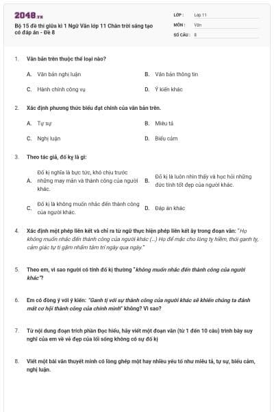 Bộ 15 đề thi giữa kì 1 Ngữ Văn lớp 11 Chân trời sáng tạo có đáp án - Đề 8