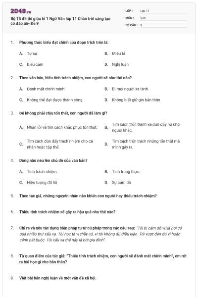 Bộ 15 đề thi giữa kì 1 Ngữ Văn lớp 11 Chân trời sáng tạo có đáp án- Đề 9