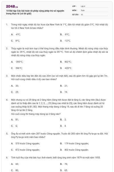 10 Bài tập Các bài toán về phép cộng phép trừ số nguyên trong thực tế (có lời giải)