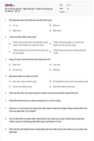Bộ 15 đề thi giữa kì 1 Ngữ Văn lớp 11 Chân trời sáng tạo có đáp án - Đề 10