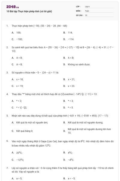 10 Bài tập Thực hiện phép tính (có lời giải)