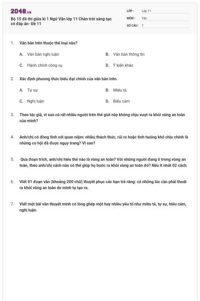 Bộ 15 đề thi giữa kì 1 Ngữ Văn lớp 11 Chân trời sáng tạo có đáp án- Đề 11