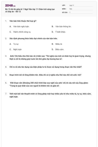 Bộ 15 đề thi giữa kì 1 Ngữ Văn lớp 11 Chân trời sáng tạo có đáp án - Đề 12