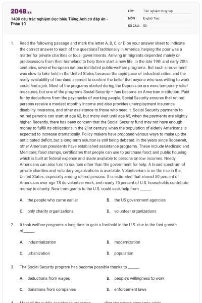 1400 câu trắc nghiệm Đọc hiểu Tiếng Anh có đáp án - Phần 10
