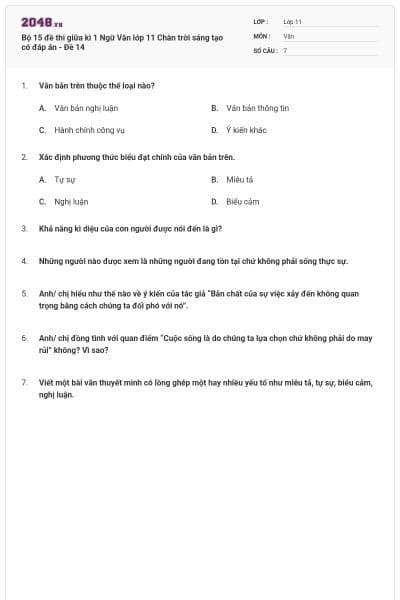 Bộ 15 đề thi giữa kì 1 Ngữ Văn lớp 11 Chân trời sáng tạo có đáp án - Đề 14