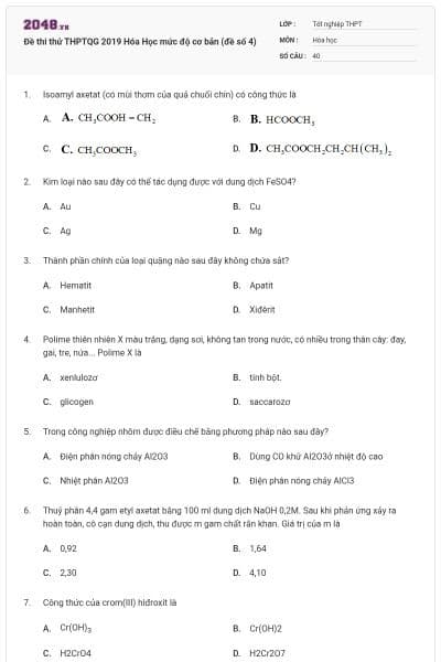 Đề thi thử THPTQG 2019 Hóa Học mức độ cơ bản (đề số 4)