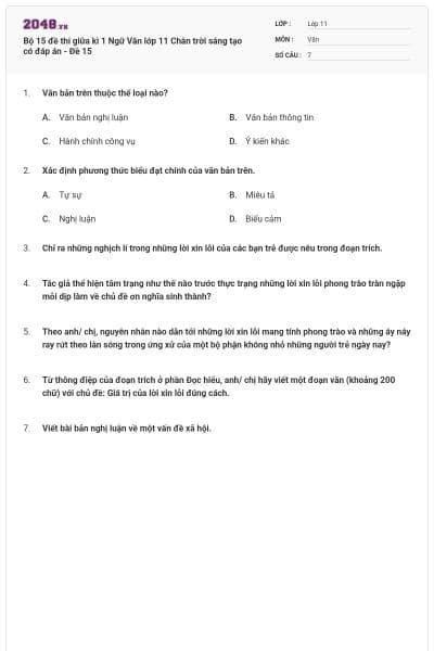 Bộ 15 đề thi giữa  kì 1 Ngữ Văn lớp 11 Chân trời sáng tạo có đáp án - Đề 15