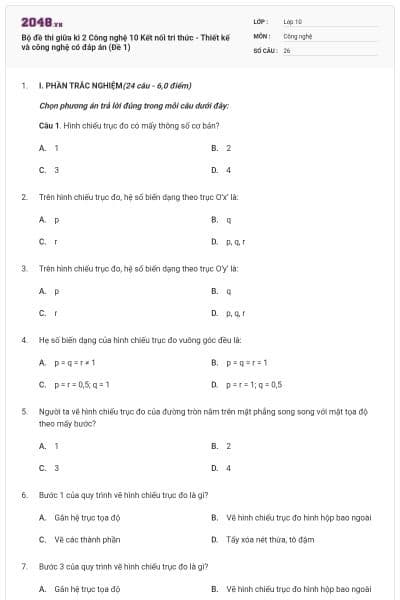 Bộ đề thi giữa kì 2 Công nghệ 10 Kết nối tri thức - Thiết kế và công nghệ có đáp án (Đề 1)