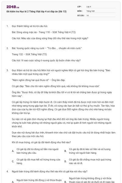 Đề kiểm tra Học kì 2 Tiếng Việt lớp 4 có đáp án (Đề 13)