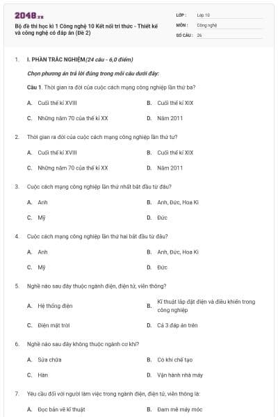 Bộ đề thi học kì 1 Công nghệ 10 Kết nối tri thức - Thiết kế và công nghệ có đáp án (Đề 2)