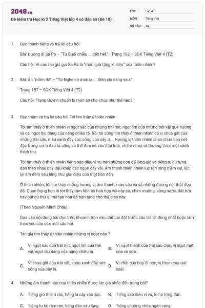 Đề kiểm tra Học kì 2 Tiếng Việt lớp 4 có đáp án (Đề 18)