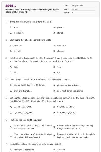 Đề thi thử THPTQG Hóa Học chuẩn cấu trúc bộ giáo dục có lời giải chi tiết (Đề số 12)