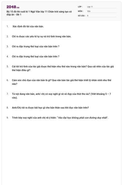 Bộ 15 đề thi cuối kì 1 Ngữ Văn lớp 11 Chân trời sáng tạo có đáp án - Đề 1