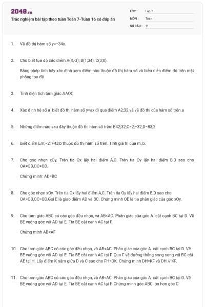 Trắc nghiệm bài tập theo tuần Toán 7-Tuần 16 có đáp án