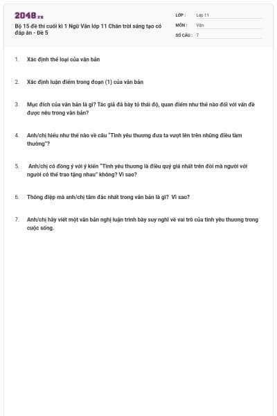Bộ 15 đề thi cuối kì 1 Ngữ Văn lớp 11 Chân trời sáng tạo có đáp án - Đề 5