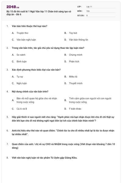 Bộ 15 đề thi cuối kì 1 Ngữ Văn lớp 11 Chân trời sáng tạo có đáp án - Đề 6