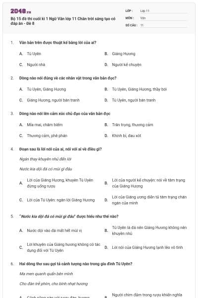 Bộ 15 đề thi cuối kì 1 Ngữ Văn lớp 11 Chân trời sáng tạo có đáp án - Đề  8