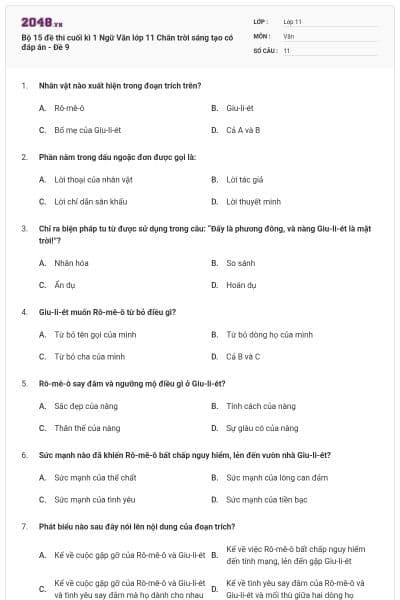 Bộ 15 đề thi cuối kì 1 Ngữ Văn lớp 11 Chân trời sáng tạo có đáp án - Đề  9