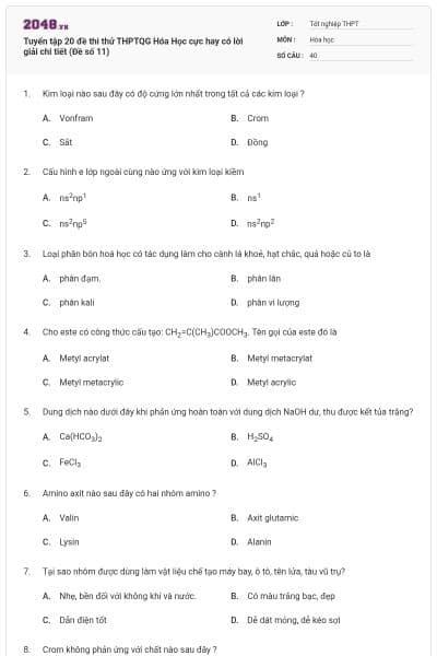 Tuyển tập 20 đề thi thử THPTQG Hóa Học cực hay có lời giải chi tiết (Đề số 11)